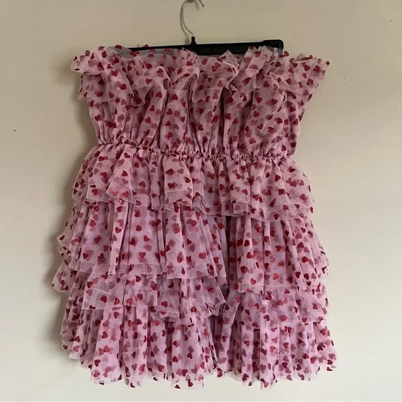 Mable Heartbreaker Strapless Pink Glitter Heart Ruffle Tulle Dress Medium - Picture 6 of 16